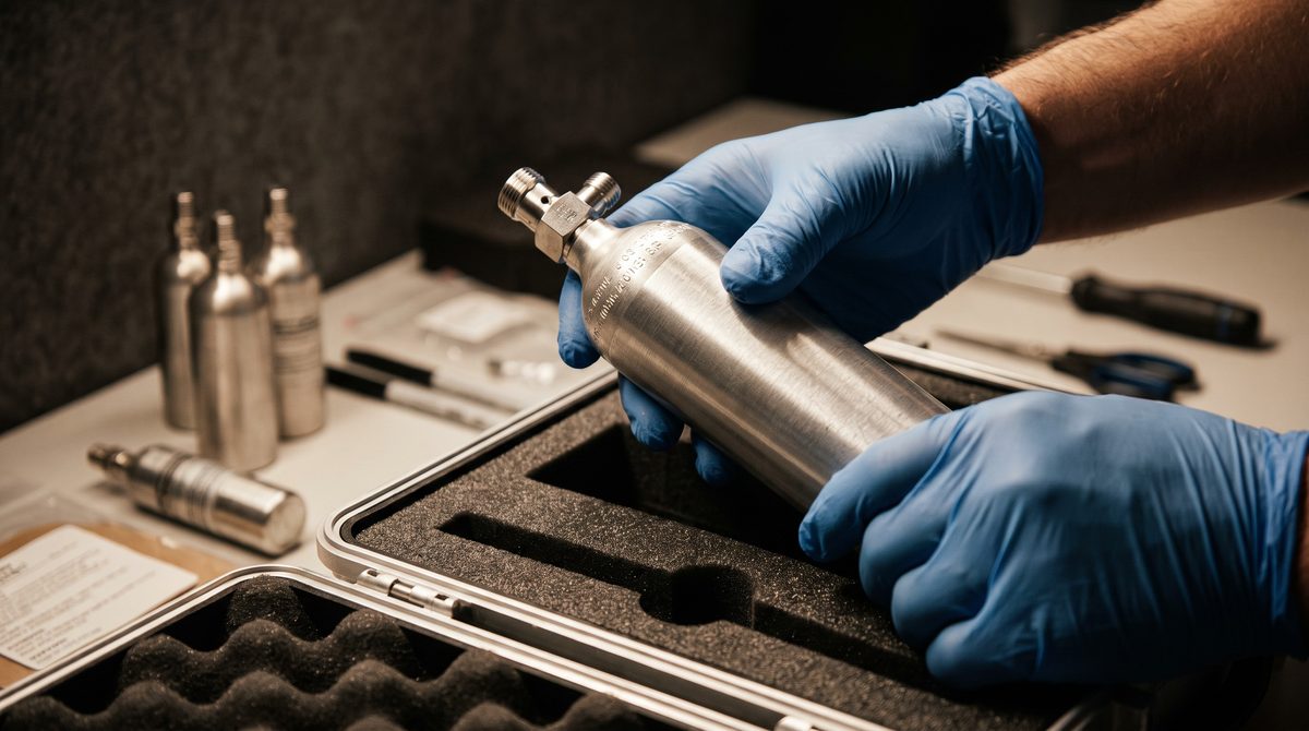 Technician packaging a small aerospace gas cylinder into UN-certified foam-lined shipping case