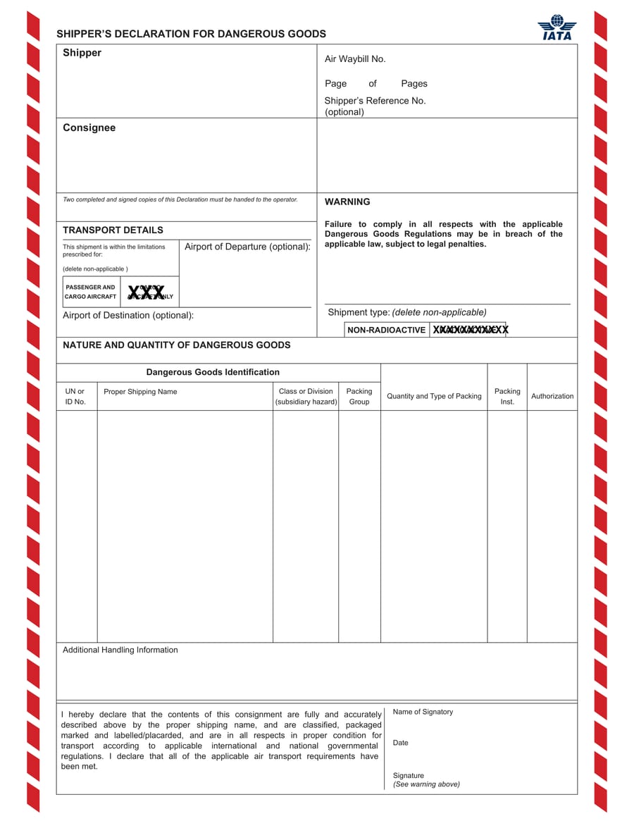 Sample IATA Shipper's Declaration for Dangerous Goods form, the document AÉRO-DG prepares and certifies for every shipment