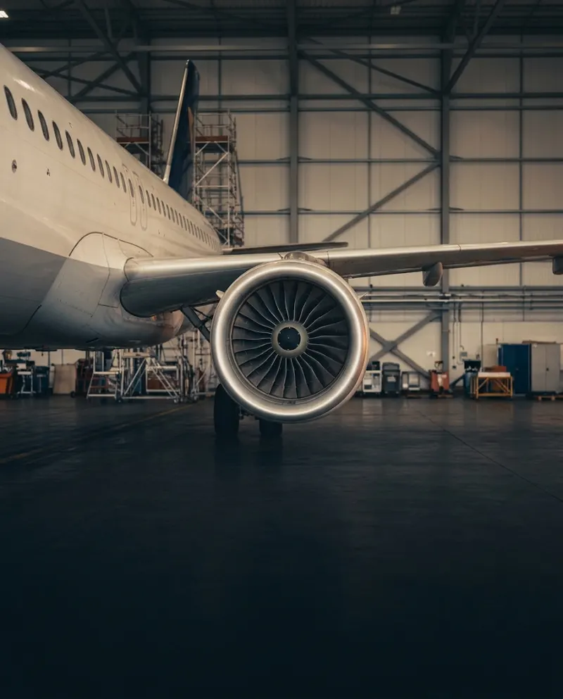 Jet engine on an aircraft parked in a maintenance hangar