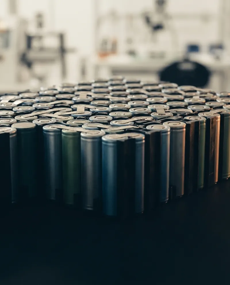 Rows of cylindrical lithium-ion battery cells