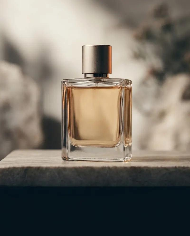 Glass perfume bottle filled with amber fragrance on a marble ledge