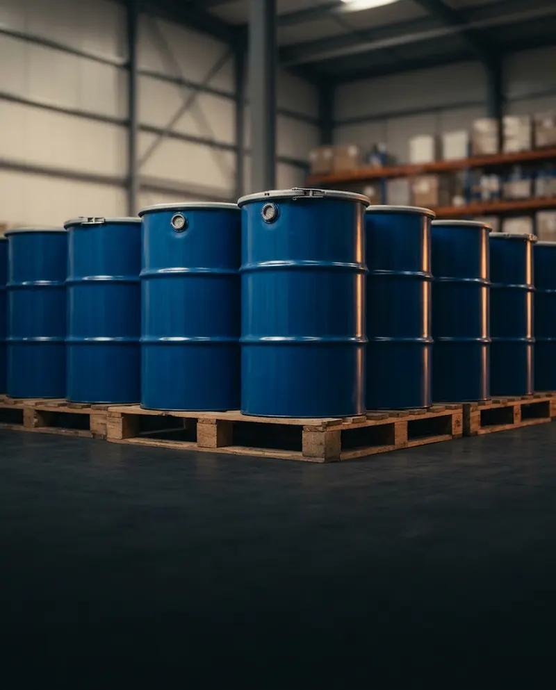Blue steel chemical drums on pallets in a warehouse