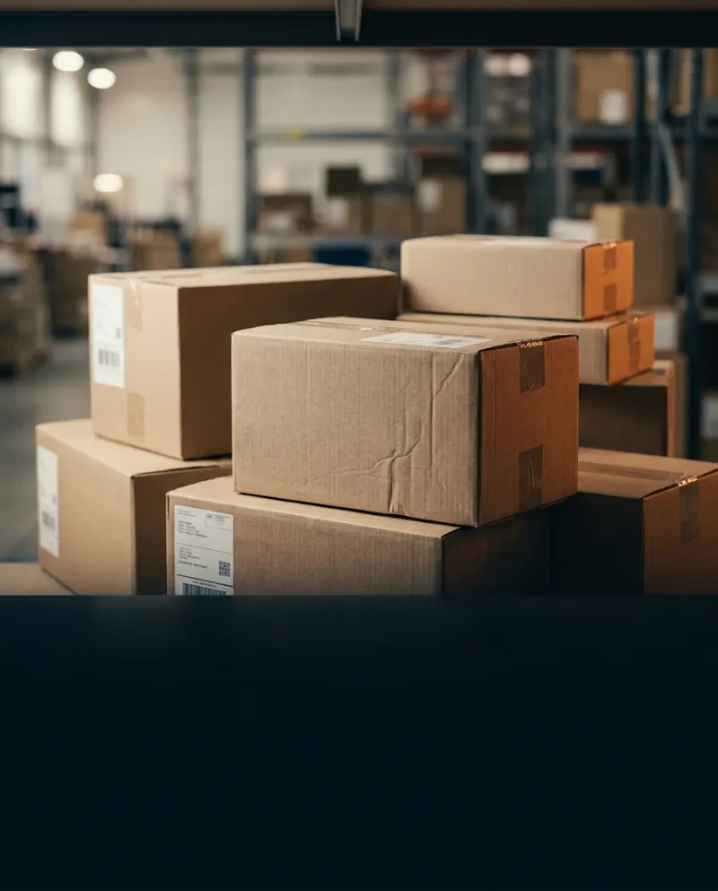 Stacked cardboard parcels in a fulfilment warehouse