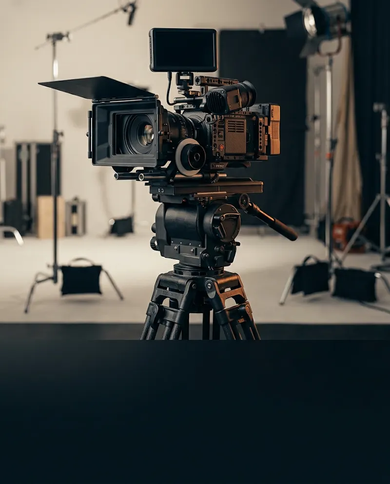 Cinema camera on a tripod in an empty film studio