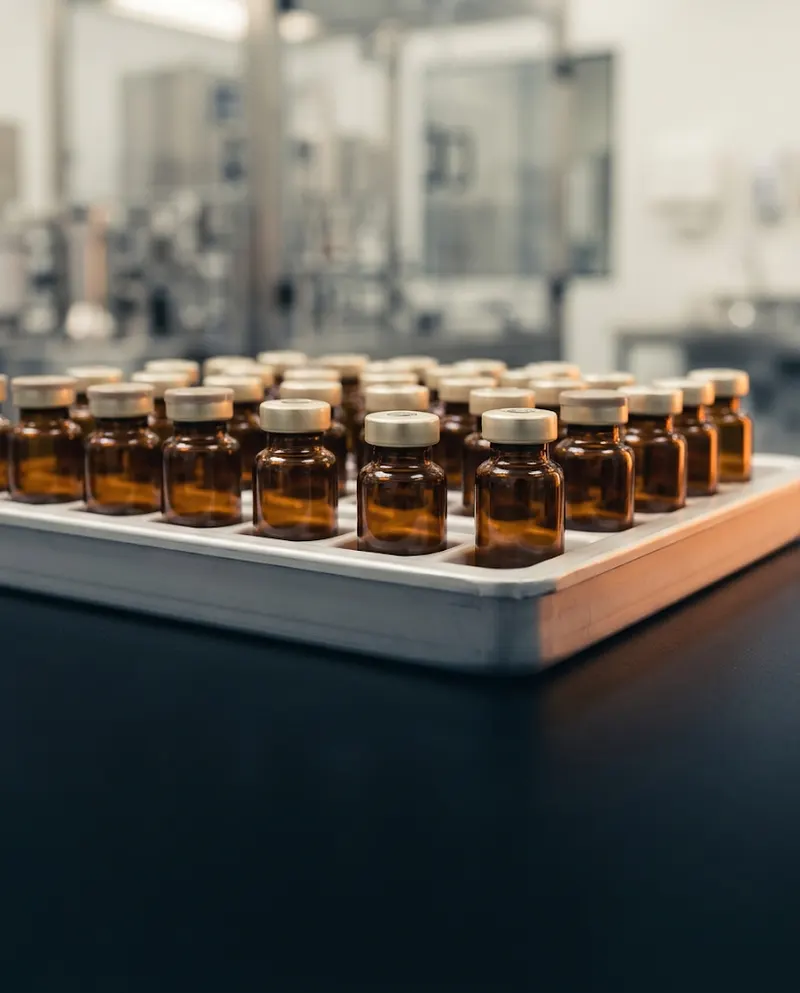 Tray of amber glass pharmaceutical vials